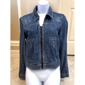 Vintage Tommy Hilfiger Zip Jeans Jacket Size S Cropped Denim Stud Coat Retro Y2K